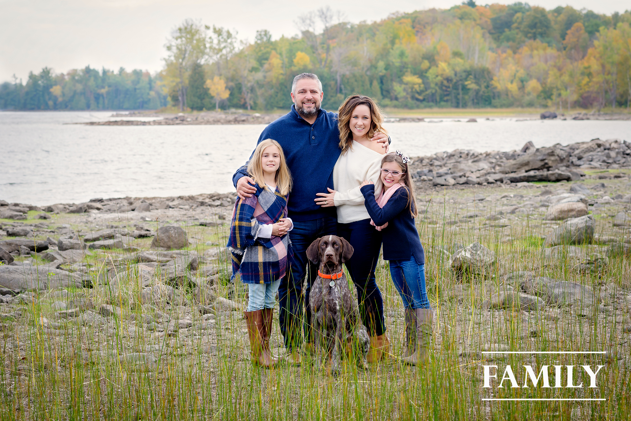 family portrait lakeside sisters dog mother father Kingston family photography