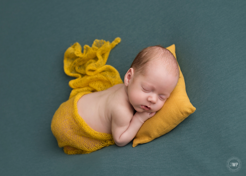 baby boy blue blanket yellow wrap pillow Kingston newborn photographer