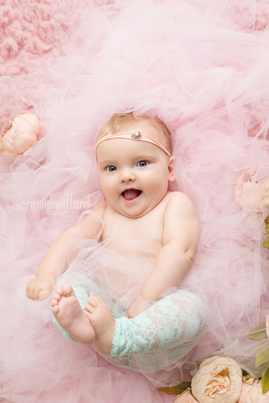 baby-girl-laughing-pink-tulle-mint-pants-flower-headband-fake-flowers-kingston