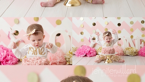 gold-pink-white-backdrop-cake-smash-first-birthday-pictures