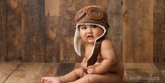 Half Indian Half Chinese Baby boy 6 month portrait milestone session picture with Brown Pilot Hat taken by Jennifer Willard Photography Kingston Ontario Baby Portrait Studio_0011