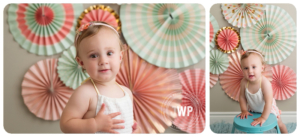 studio portrait baby girl mint pink gold pinwheel backdrop first birthday Kingston Baby Photographer