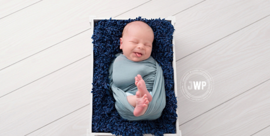 newborn baby boy blue wrap white crate Kingston Newborn Photographer