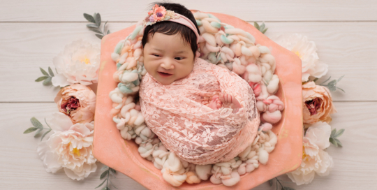 newborn girl pink bowl flowers lace Kingston baby photographer