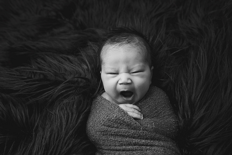 newborn boy in wrap on fur rug in black and white by Belleville Newborn Photographer