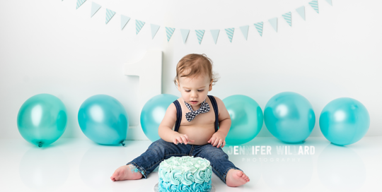 baby boy first birthday cake smash blue banner Kingston Baby Photographer