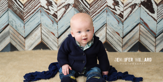 baby boy sitter milestone blue jacket chevron backdrop Kingston Baby Photographer