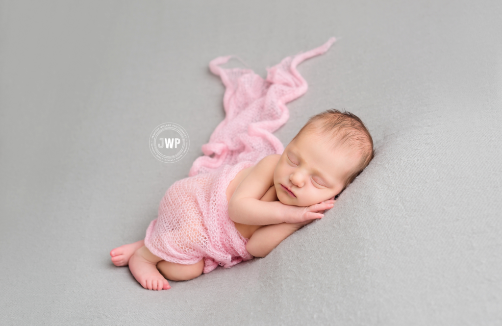 baby girl lying on side pink mohair wrap Kingston Newborn Photographer