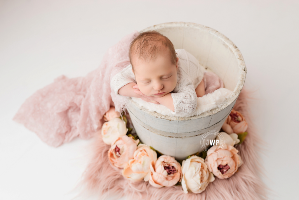 baby girl picture in white sap bucket with flowers Kingston Photographer