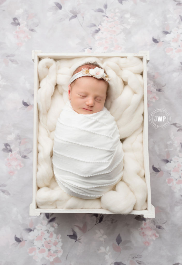 baby girl white wrap white flower headband white crate Kingston Photographer