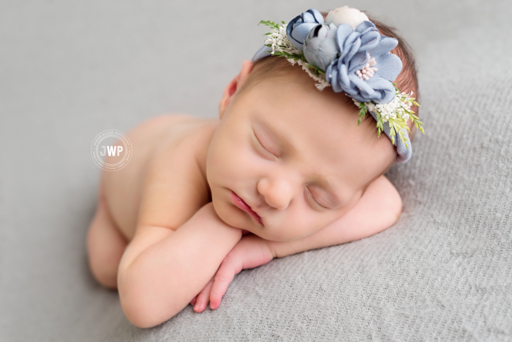 newborn baby girl grey headband grey blanket Kingston Newborn Pictures