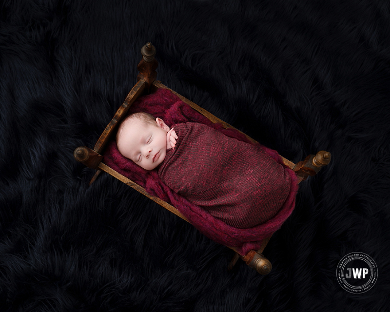 newborn posed portrait vintage cradle burgundy wrap blue fur Kingston Newborn Photographer