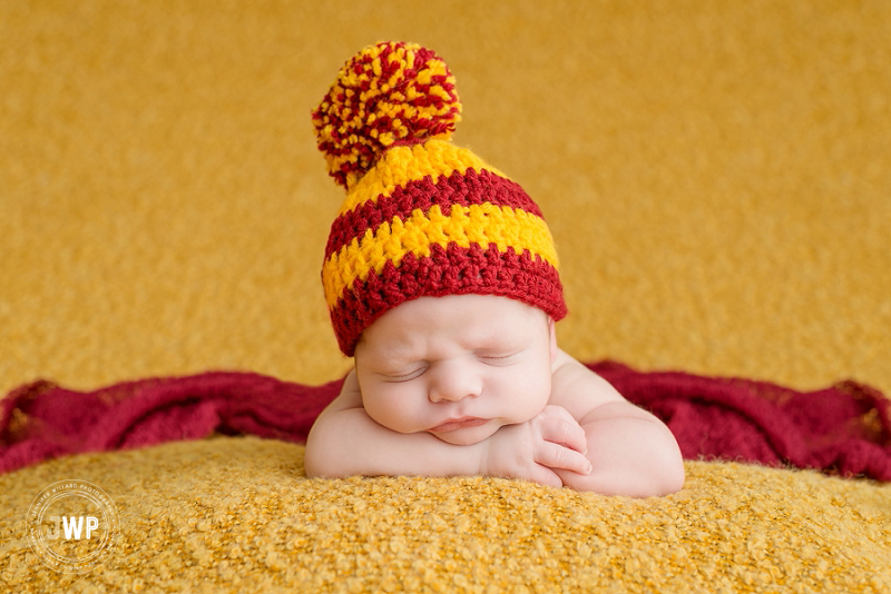 newborn posed portrait yellow blanket burgundy wrap pompom hat Kingston Newborn Photographer