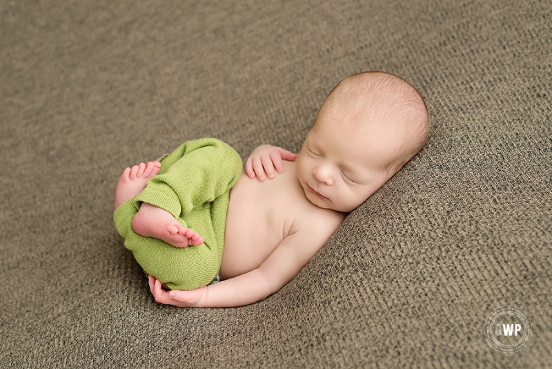 posed newborn picture boy green pants brown blanket on back Kingston Newborn Photographer