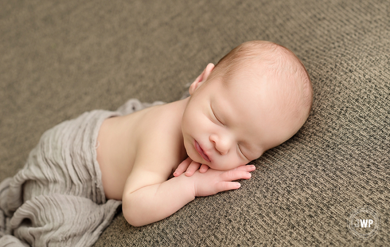 posed newborn picture brown wrap brown blanket on tummy Kingston Newborn Photographer