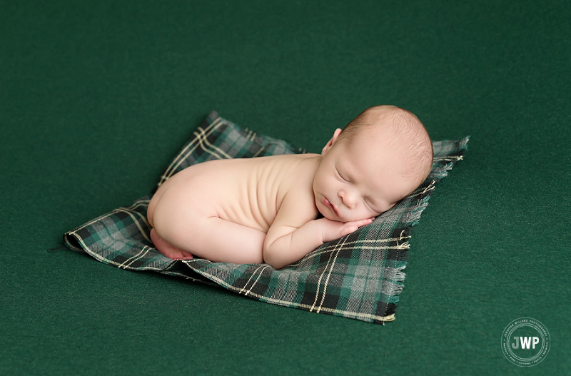 posed newborn picture green blanket plaid Kingston Newborn Photographer