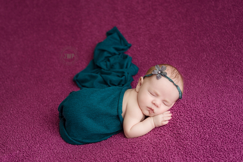 posed newborn picture purple blanket teal wrap headband Kingston Newborn Photographer