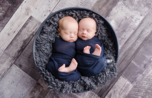 twin-newborn-boys-blue-wrap-wood-basket-grey-wood-floor-Kingston-Newborn-Photographer