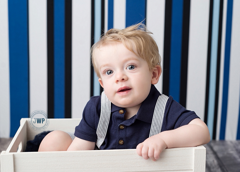 First Birthday Portraits blue stripe backdrop Kingston Baby Photographer