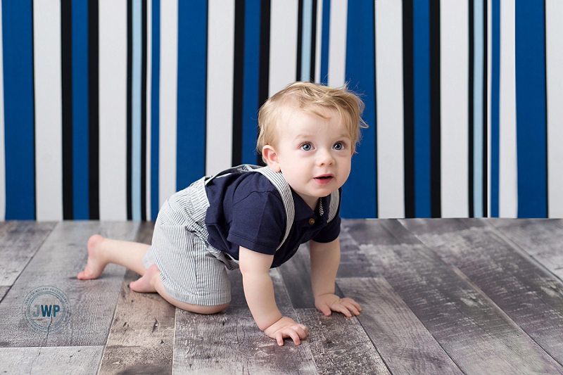 First Birthday Portraits blue striped backdrop Kingston Baby Photographer