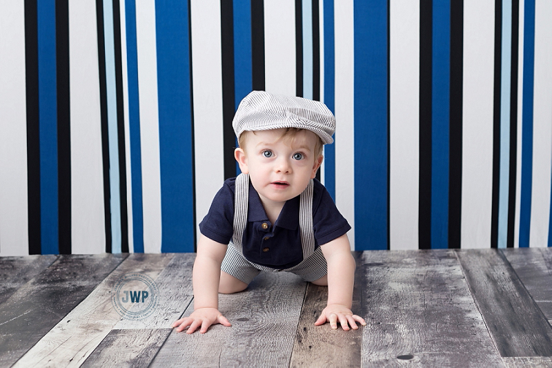 First Birthday Portraits suspenders hat striped backdrop Kingston Baby Photographer