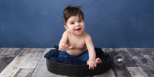 baby portrait studio blue backdrop 6 months old Kingston Baby Photographer