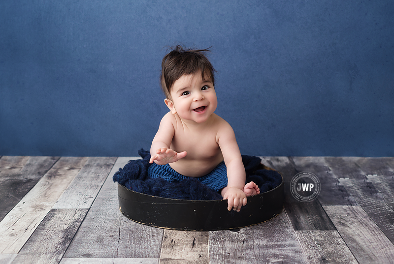 baby portrait studio blue backdrop 6 months old Kingston Baby Photographer