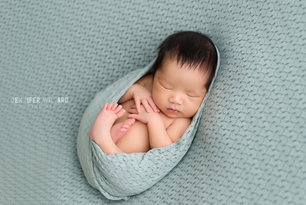 newborn baby girl egg wrap sage fabric Belleville Newborn Photographer