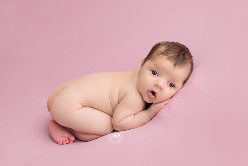 newborn baby portrait studio pink blanket pose Belleville Baby Photographer