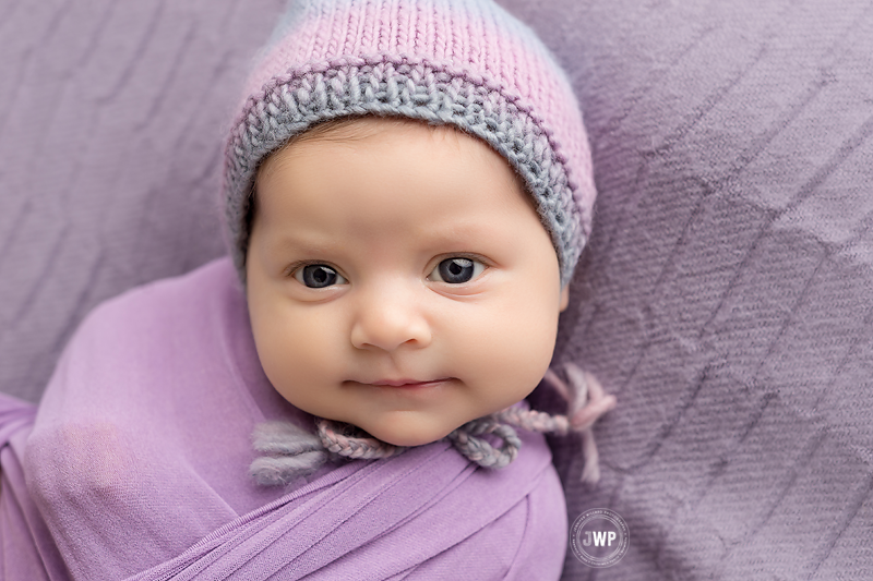 newborn posed portraits purple bonnet purple blanket purple wrap Kingston-Baby-Photographer