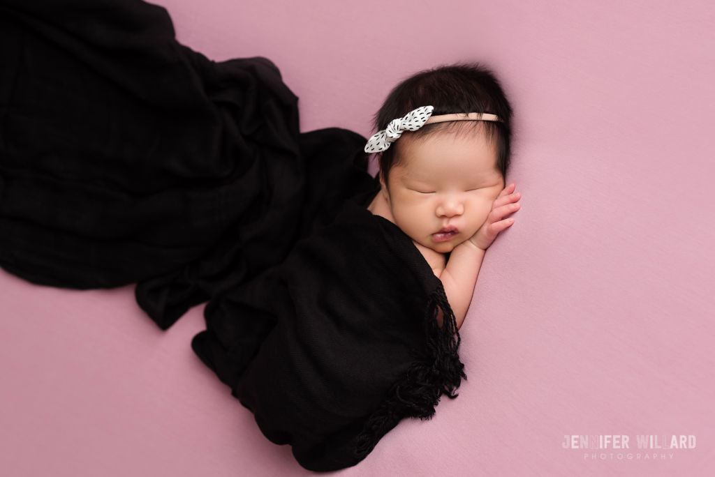 newborn posed portrait pink fabric black wrap Kingston Newborn Photographer