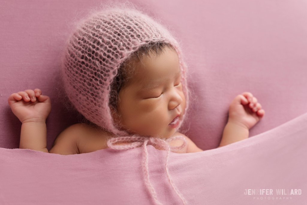 pink fabric sleep tight pose mohair bonnet Kingston baby photographer