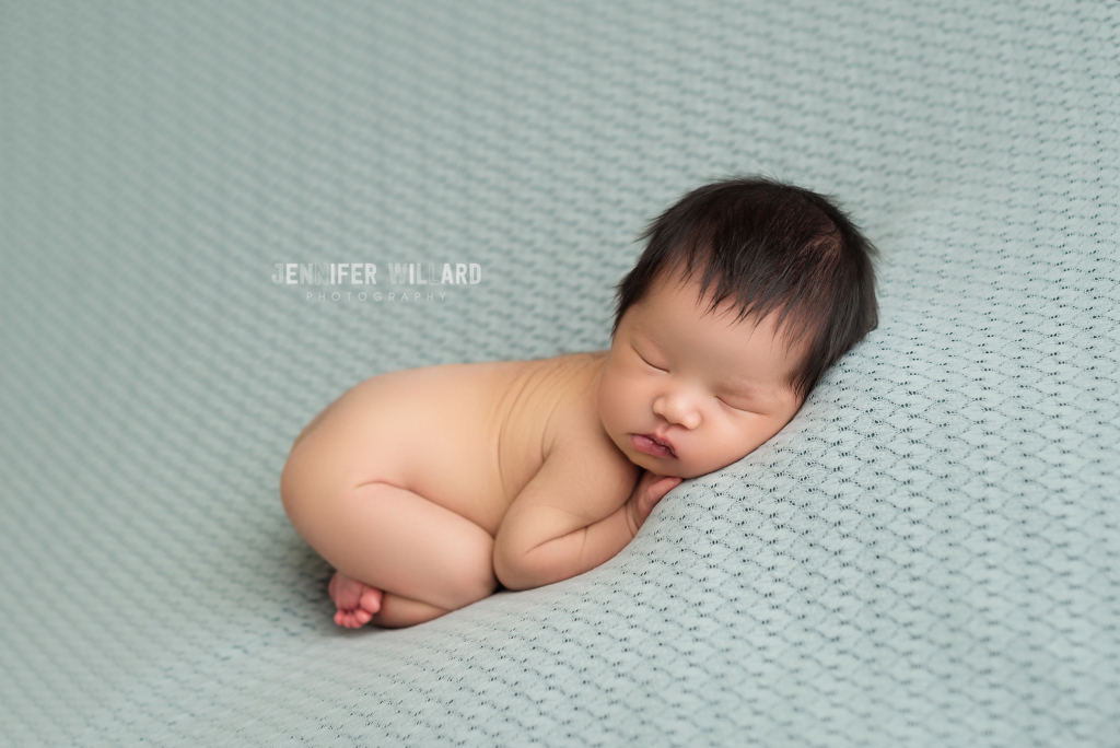 posed baby portrait sage green fabric Brockville newborn photographer