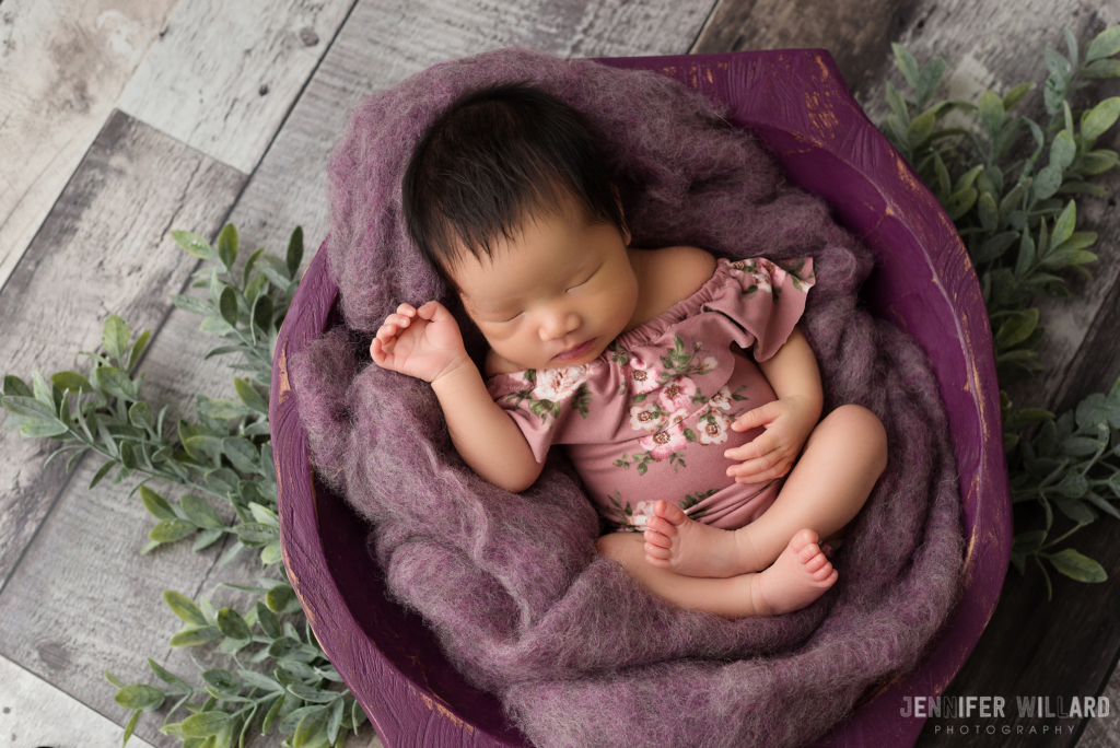 posed newborn baby girl wood bowl Kingston Ontario Photographer