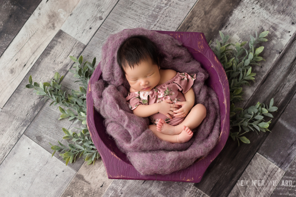 posed newborn portrait girl purple wood bowl Kingston newborn photographer