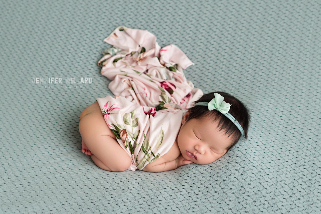 posed newborn studio sage fabric Kingston baby pictures