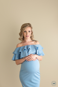 posed pregnancy portrait studio blue ruffle dress Kingston Maternity Photographer