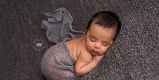 newborn boy pose grey blanket Asian heritage Kingston Ontario Photographer