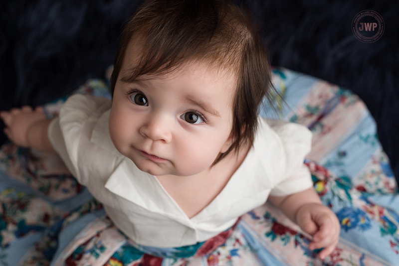 posed baby portrait 6 months old girl dress Kingston Children Photographer