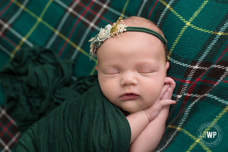 baby Newfoundland tartan green wrap flower headband Kingston newborn photographer