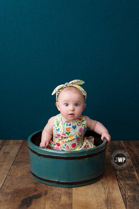 baby girl 6 months old bucket flower romper Kingston Photographer