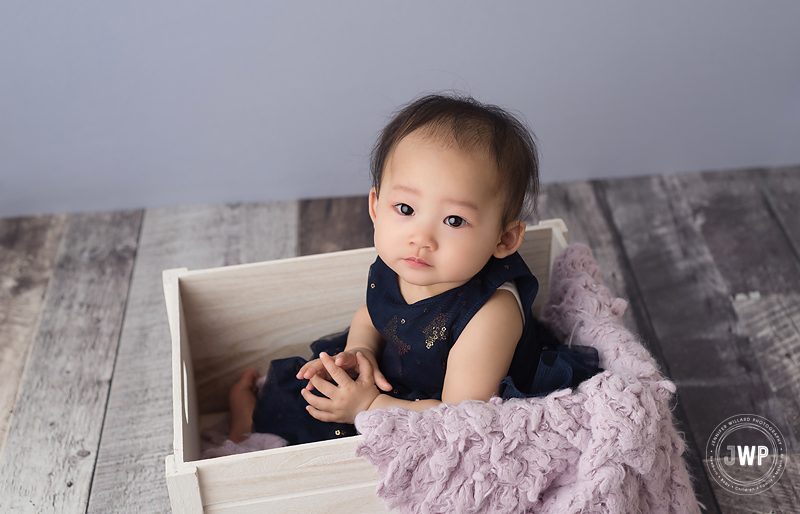 baby girl 7 months old blue dress white crate Kingston baby photographer