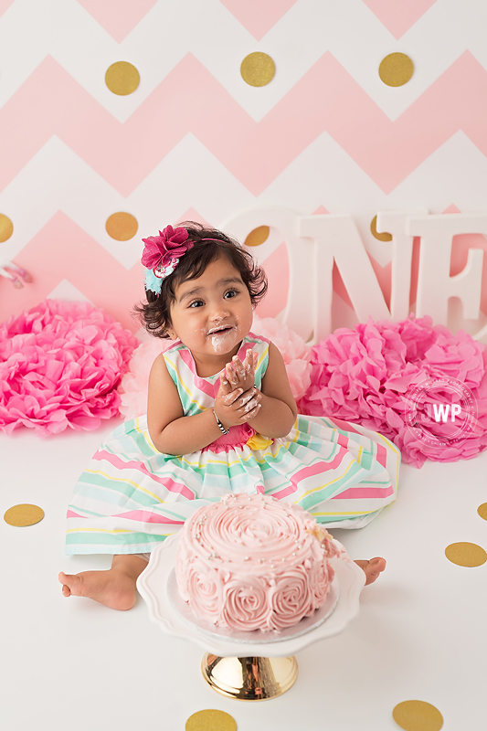 gold pink cake smash first birthday Kingston baby photographer