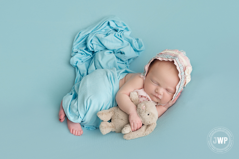 newborn girl blue blanket pink blue bonnet bunny rabbit Kingston baby photographer