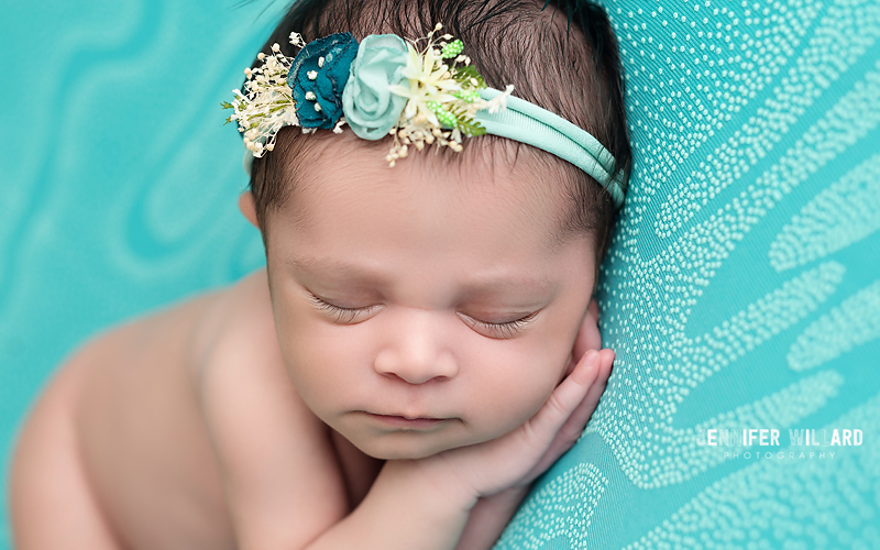 newborn posed portrait turquoise flower headband APNPI Member