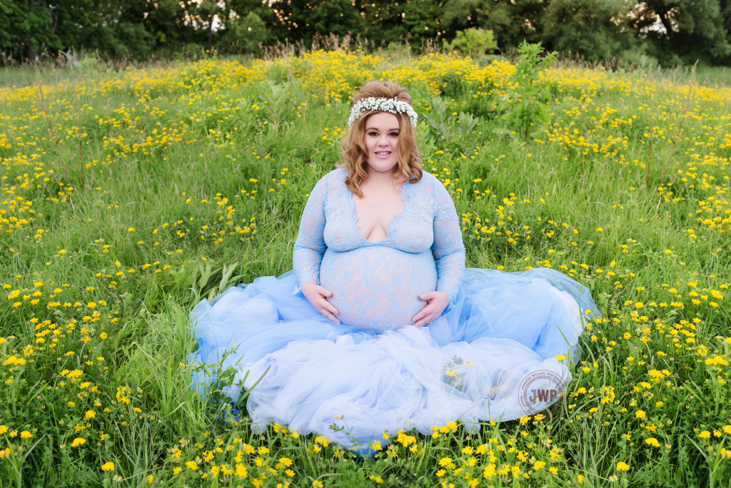 pregnant mother blue tulle skirt flower crown yellow flower field Kingston Maternity Photographer