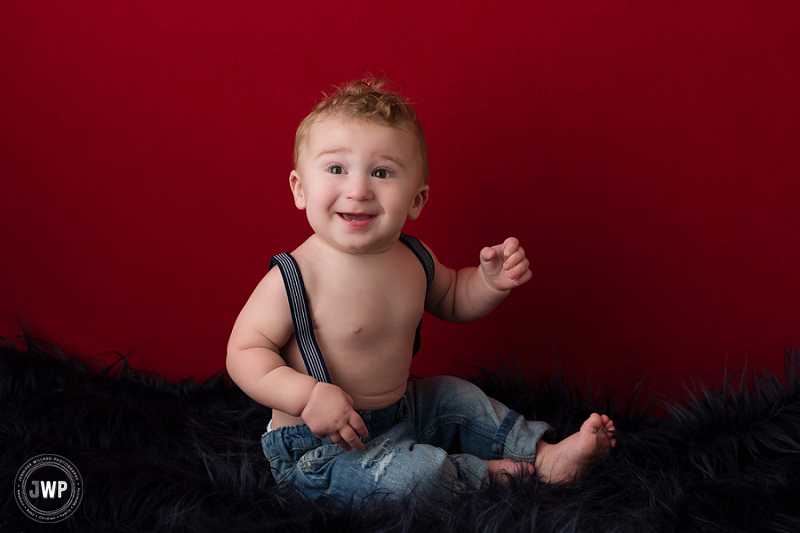 6 month baby boy suspenders red Backdrop Kingston children Photographer