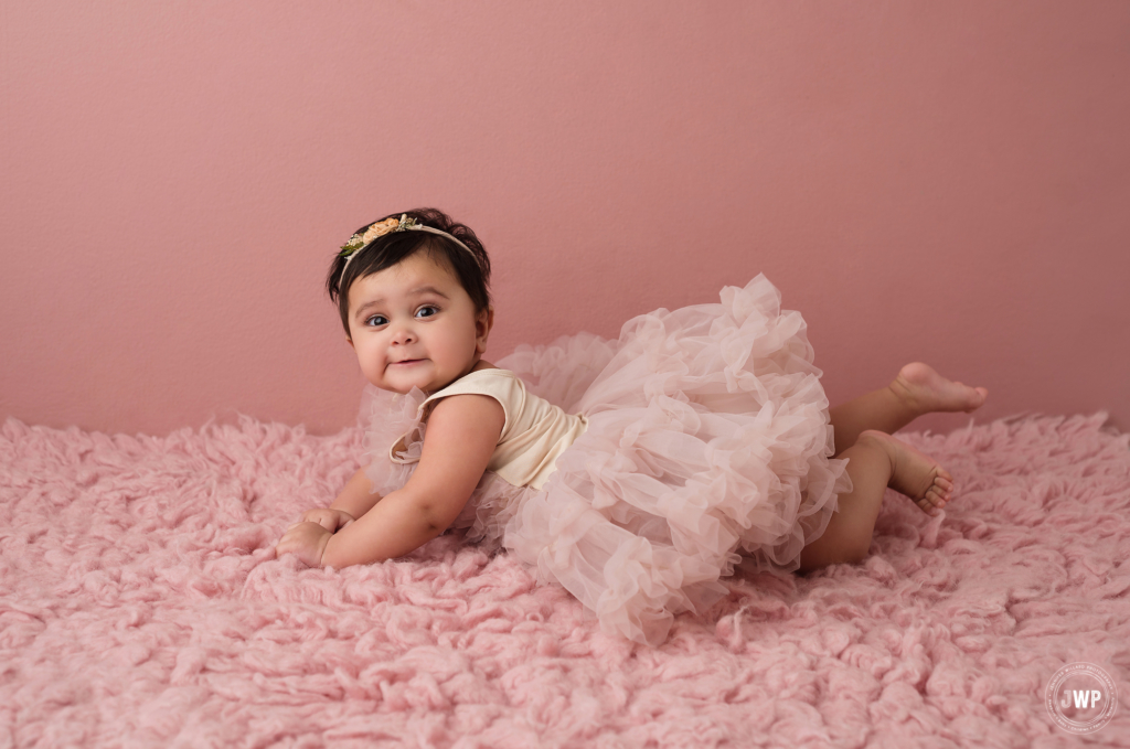 6 month baby girl pink ruffle dress blush pink Kingston portrait studio