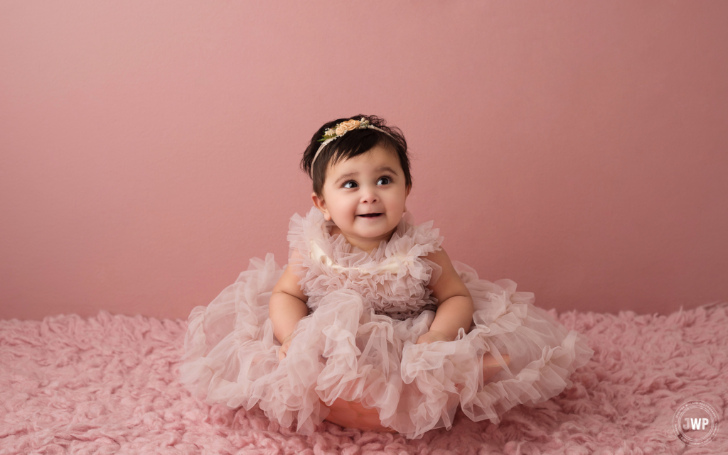6 month blush pink ruffle dress flower headband Kingston baby photographer
