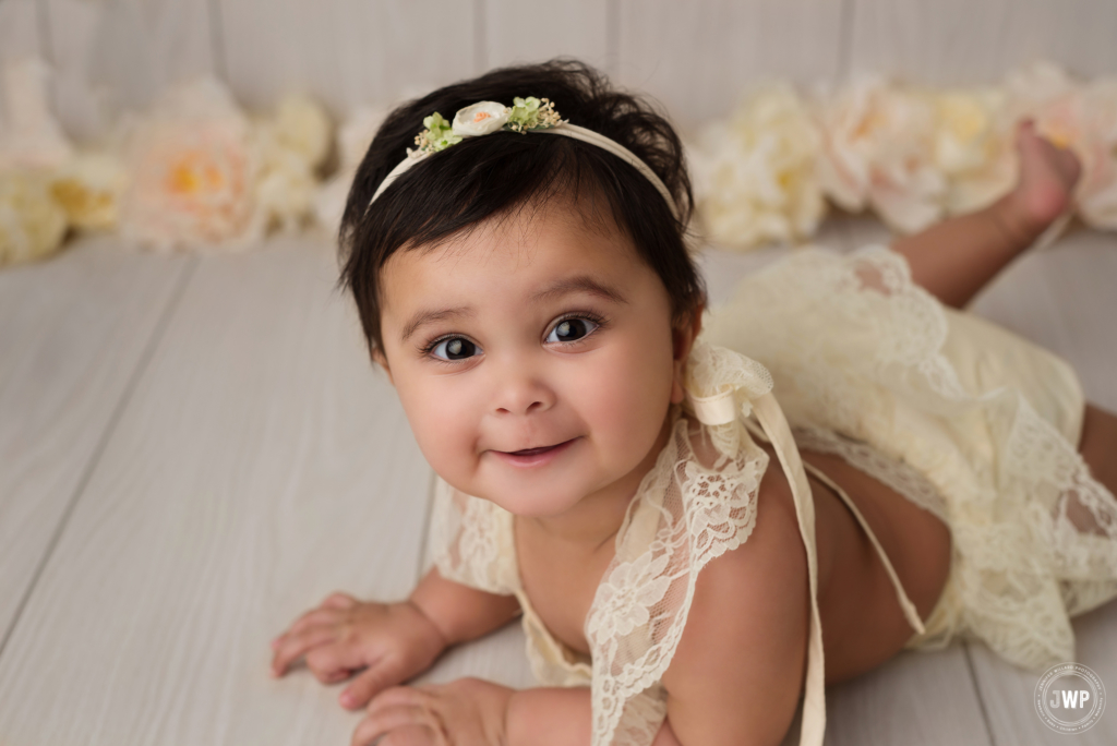 6 month old cream lace romper Kingston baby photographer